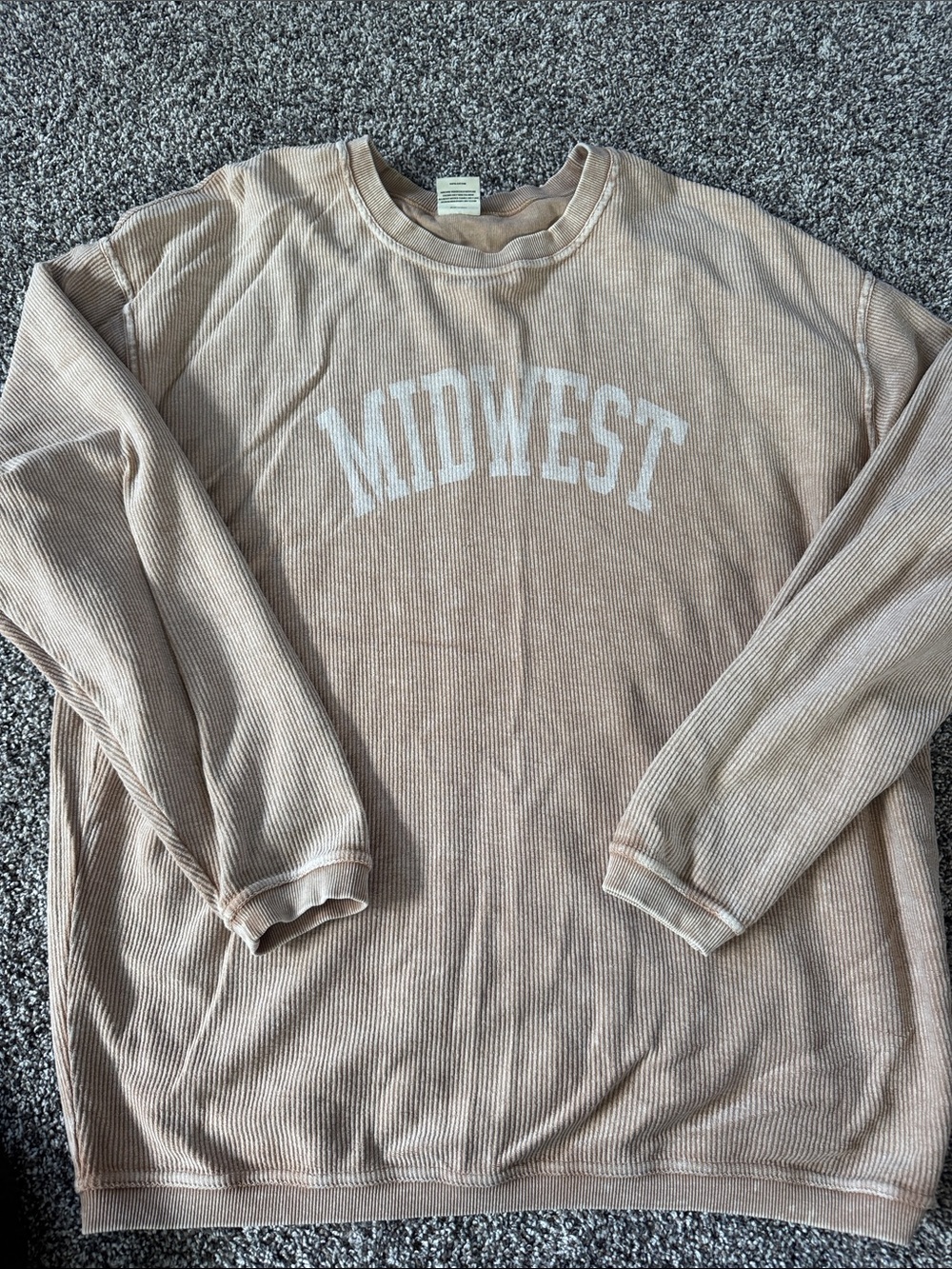 Cream Tan Crewneck Sweater with White 'MIDWEST' Graphic